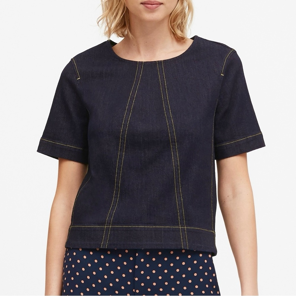 Banana Republic Women Dark Wash Blue Top-Stitched Denim Cropped Boxy Top S